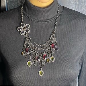 VTG Sparkling Sage Designer Boho Statement Necklace Silver Tone Chain Tassels